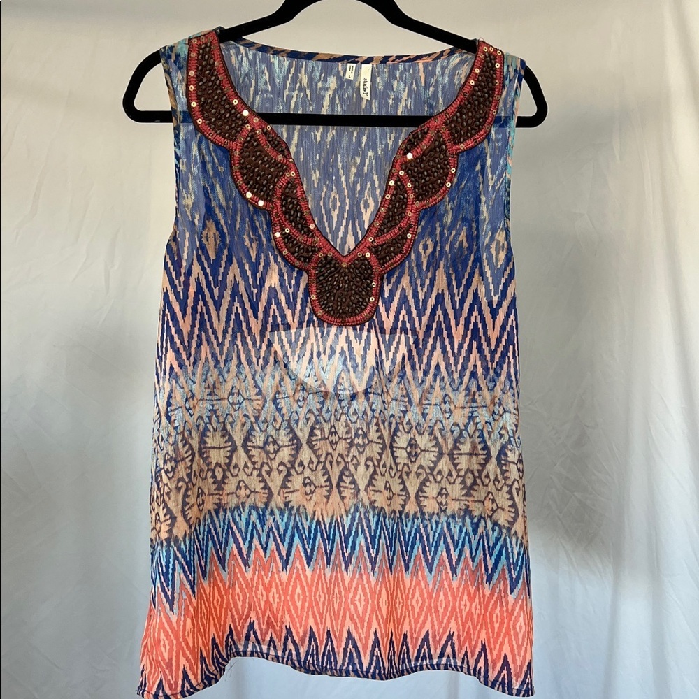 Sexy Beaded plunge sheer colorful tunic